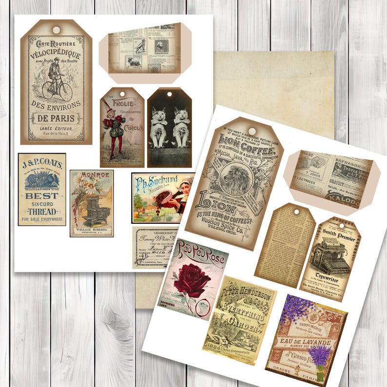 Vintage Ephemera Loaded Tag Kit - Loaded Tags | Ephemera Labels | Paper Craft | Junk Journal Images Clip Art | Fussy Cut