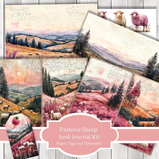 Pastoral Sheep - Junk Journal Kit, Journal Pages, Papers, Ephemera, Tags, Printable, Scrapbook Kit, Digital Download