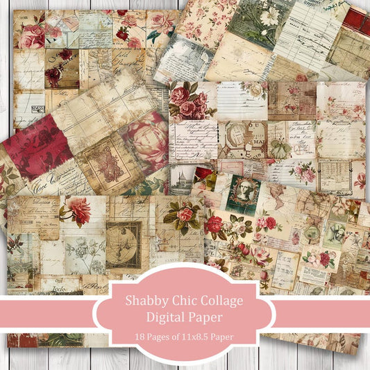 Shabby Chic Collage Red - Journal Paper Set, Junk Journal Pages, Junk Journal Paper, Printable Journal, Scrapbook Paper, Digital Paper