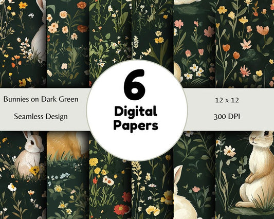 Bunnies on Dark Green - Seamless Pattern - Digital Paper - Printable Journal, Scrapbook Paper, Seamless