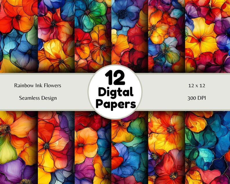 Rainbow Ink Flowers - Seamless Pattern - Digital Paper - Printable Journal, Scrapbook Paper, Seamless