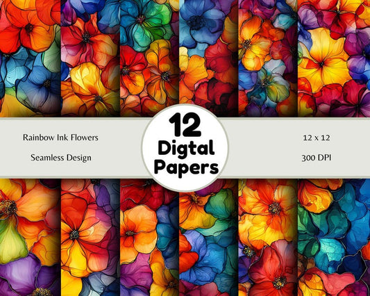 Rainbow Ink Flowers - Seamless Pattern - Digital Paper - Printable Journal, Scrapbook Paper, Seamless