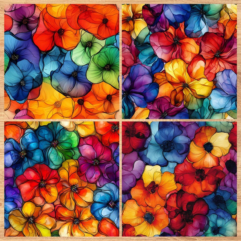 Rainbow Ink Flowers - Seamless Pattern - Digital Paper - Printable Journal, Scrapbook Paper, Seamless