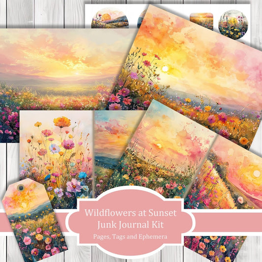 Wildflowers at Sunset - Junk Journal Kit, Journal Pages, Papers, Ephemera, Tags, Printable, Scrapbook Kit, Digital Download