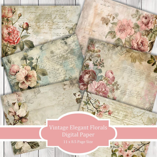 Vintage Elegant Florals - Journal Paper Set, Junk Journal Pages, Junk Journal Paper, Printable Journal, Scrapbook Paper, Digital Paper