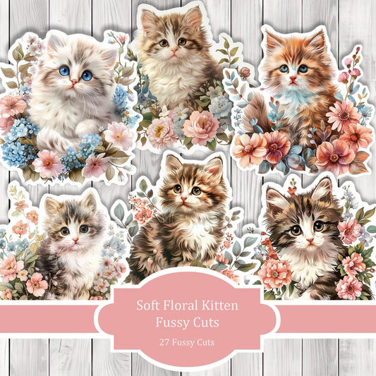 Soft Floral Kitten Fussy Cuts - Junk Journal , Printable Journal, Junk Journal Tags, Junk Journal Ephemera