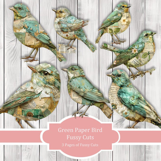 Green Paper Bird Fussy Cuts - Junk Journal , Printable Journal, Junk Journal Tags, Junk Journal Ephemera