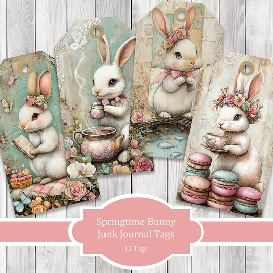 Springtime Bunny Tags - Collage Scrapbook - Junk Journal Tags - Ephemera Labels - Junk Journal Images Clip Art - Fussy Cut
