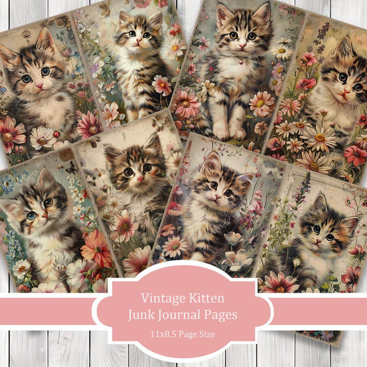 Vintage Kittens - Journal Paper Set, Junk Journal Pages, Flower Junk Journal Paper, Printable Journal, Scrapbook Paper, Digital Paper