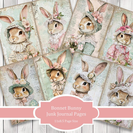 Bonnet Bunny - Journal Paper Set, Junk Journal Pages, Flower Junk Journal Paper, Printable Journal, Scrapbook Paper, Digital Paper