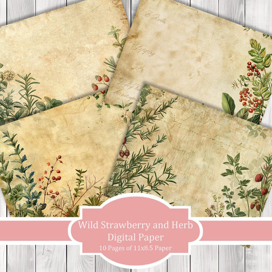 Wild Strawberry and Herb - Journal Paper Set, Junk Journal Pages, Junk Journal Paper, Printable Journal, Scrapbook Paper, Digital Paper