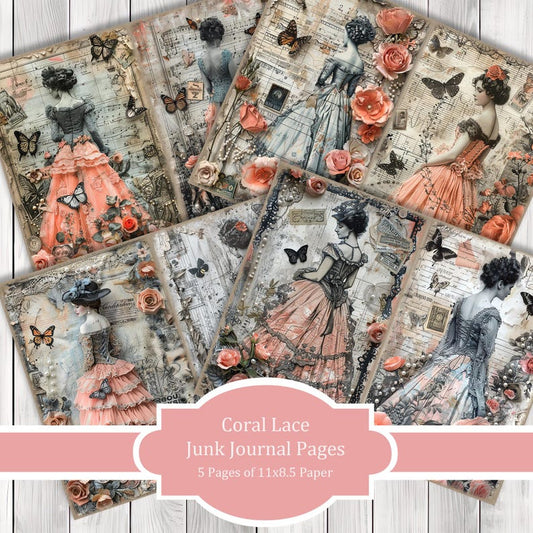 Coral Lace - Journal Paper Set, Junk Journal Pages, Flower, Journal Paper, Printable Journal, Scrapbook Paper, Digital Paper