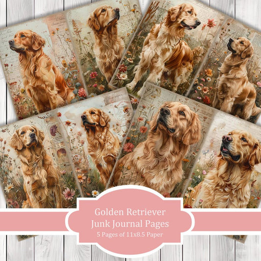 Golden Retriever - Junk Journal Pages, Journal Paper Set, Dog, Journal Paper, Printable Journal, Scrapbook Paper, Digital Paper