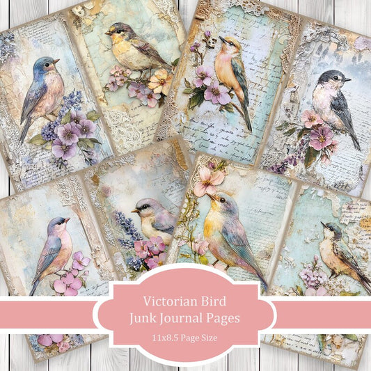 Victorian Bird - Journal Paper Set, Junk Journal Pages, Flower Junk Journal Paper, Printable Journal, Scrapbook Paper, Digital Paper