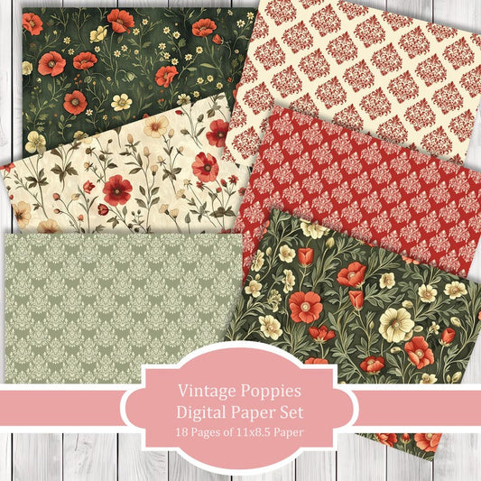 Vintage Poppies - Journal Paper Set, Junk Journal Pages, Junk Journal Paper, Printable Journal, Scrapbook Paper, Digital Paper