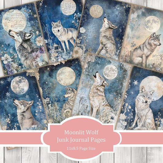 Moonlit Wolf - Journal Paper Set, Junk Journal Pages, Flower Junk Journal Paper, Printable Journal, Scrapbook Paper, Digital Paper