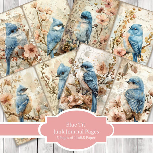 Blue Tit - Junk Journal Pages, Journal Paper Set, Bird Junk Journal Paper, Printable Journal, Scrapbook Paper, Digital Paper