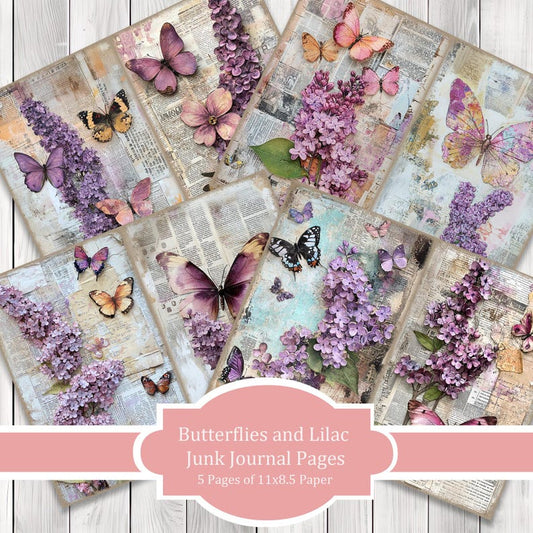 Butterflies and Lilac - Journal Paper Set, Junk Journal Pages, Flower Journal Paper, Printable Journal, Scrapbook Paper, Digital Paper