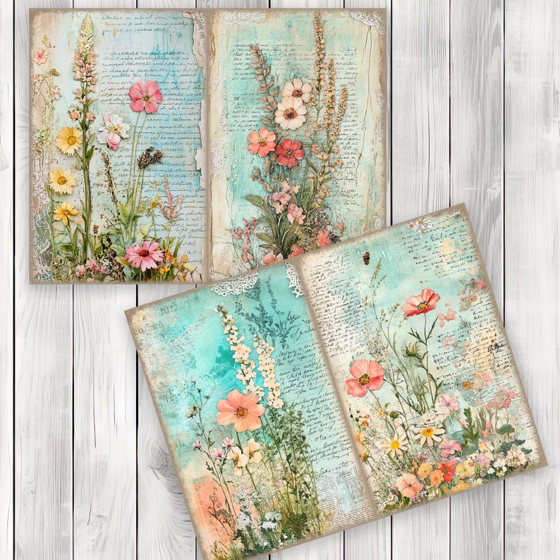 Turquoise Meadow - Junk Journal Kit, Journal Pages, Papers, Ephemera, Tags, Printable, Scrapbook Kit, Digital Download