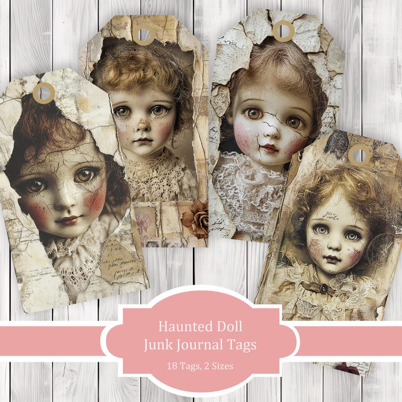 Haunted Doll Tags - Junk Journal Tags - Ephemera Labels - Junk Journal Images - Fussy Cut - Scrapbooking - Instant Download