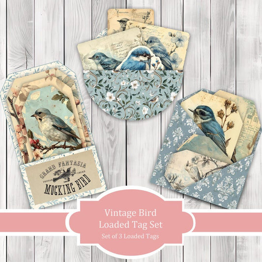 Vintage Bird Loaded Tag Set - Blue - Loaded Tags | Ephemera Labels | Paper Craft | Junk Journal Images Clip Art | Fussy Cut