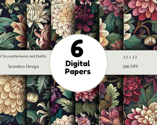 Chrysanthemums and Dahlia - Seamless Pattern - Digital Paper - Printable Journal, Scrapbook Paper, Seamless