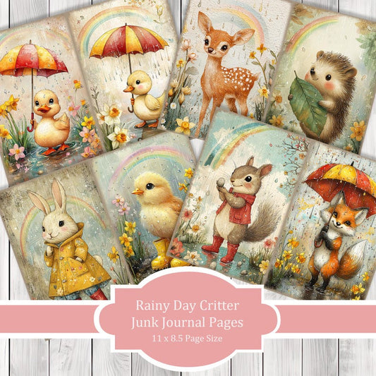 Rainy Day Critter - Journal Paper Set, Junk Journal Pages, Flower Junk Journal Paper, Printable Journal, Scrapbook Paper, Digital Paper