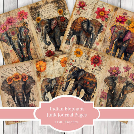 Indian Elephant - Junk Journal Pages, Journal Paper Set, Bird Junk Journal Paper, Printable Journal, Scrapbook Paper, Digital Paper