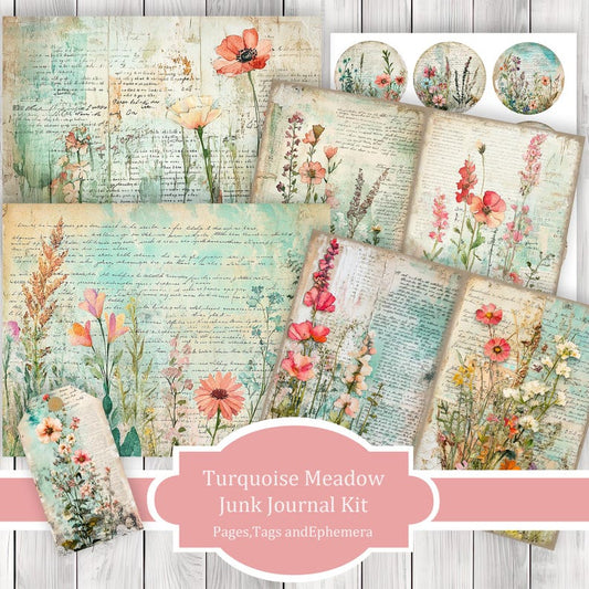 Turquoise Meadow - Junk Journal Kit, Journal Pages, Papers, Ephemera, Tags, Printable, Scrapbook Kit, Digital Download