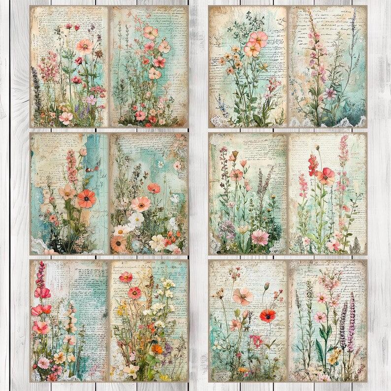 Turquoise Meadow - Junk Journal Kit, Journal Pages, Papers, Ephemera, Tags, Printable, Scrapbook Kit, Digital Download