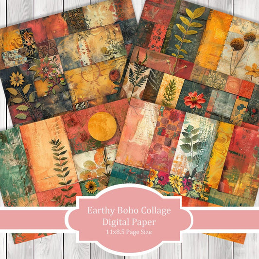 Earthy Boho Collage - Journal Paper Set, Junk Journal Pages, Junk Journal Paper, Printable Journal, Scrapbook Paper, Digital Paper