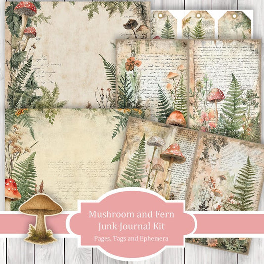 Mushroom And Fern - Junk Journal Kit, Journal Pages, Papers, Ephemera, Tags, Printable, Scrapbook Kit, Digital Download