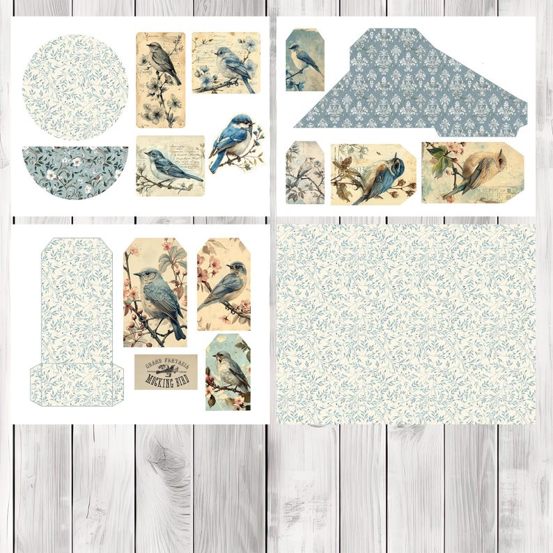 Vintage Bird Loaded Tag Set - Blue - Loaded Tags | Ephemera Labels | Paper Craft | Junk Journal Images Clip Art | Fussy Cut