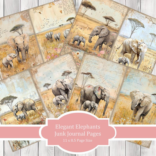 Elegant Elephant - Journal Paper Set, Junk Journal Pages, Flower Junk Journal Paper, Printable Journal, Scrapbook Paper, Digital Paper