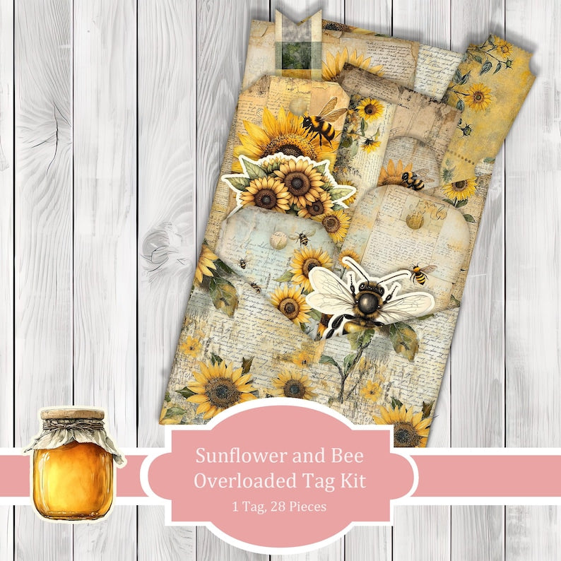 Sunflower and Bee Overloaded Tag Kit - Botanical - Loaded Tags | Ephemera Labels | Paper Craft | Junk Journal Images Clip Art | Fussy Cut