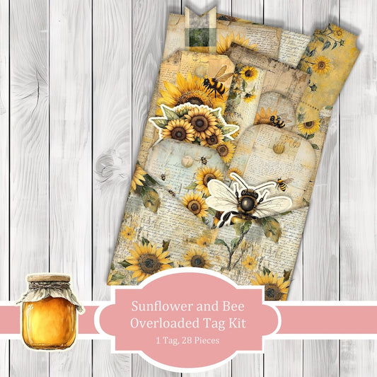 Sunflower and Bee Overloaded Tag Kit - Botanical - Loaded Tags | Ephemera Labels | Paper Craft | Junk Journal Images Clip Art | Fussy Cut