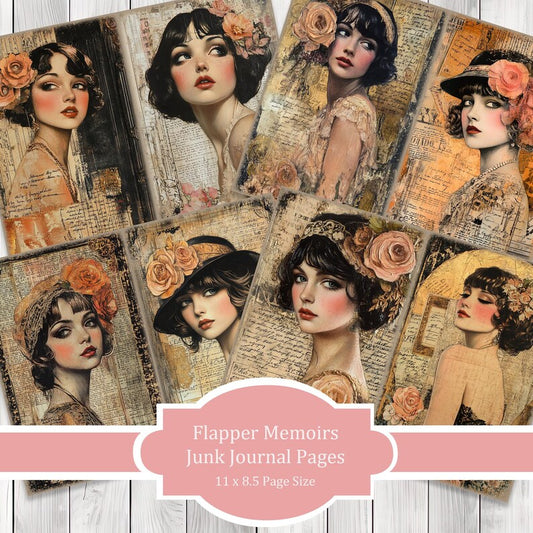 Flapper Memoirs (Peach) - Journal Paper Set, Junk Journal Pages, Flower, Journal Paper, Printable Journal, Scrapbook Paper, Digital Paper