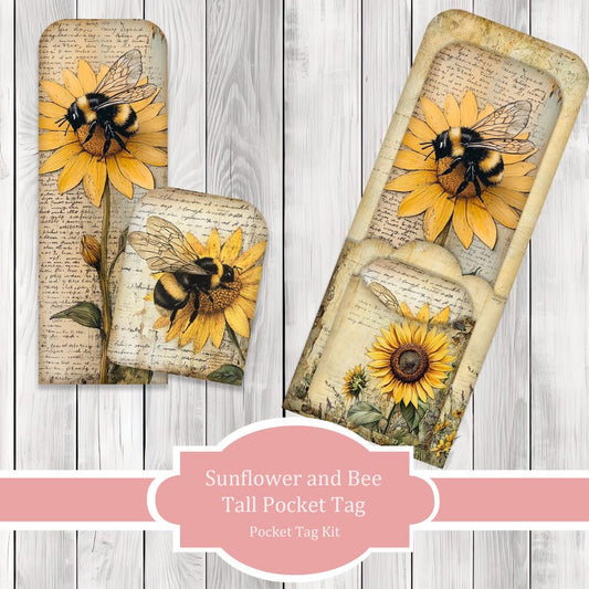 Sunflower and Bee Tall Pocket Tag Kit - Botanical - Loaded Tags | Ephemera Labels | Paper Craft | Junk Journal Images Clip Art | Fussy Cut