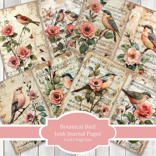 Botanical Bird - Journal Paper Set, Junk Journal Pages, Flower Junk Journal Paper, Printable Journal, Scrapbook Paper, Digital Paper