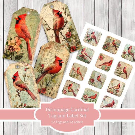 Decoupage Cardinal Tag and Label Set - Collage Scrapbook - Patchwork Tags - Ephemera Labels - Junk Journal Images Clip Art - Fussy Cut