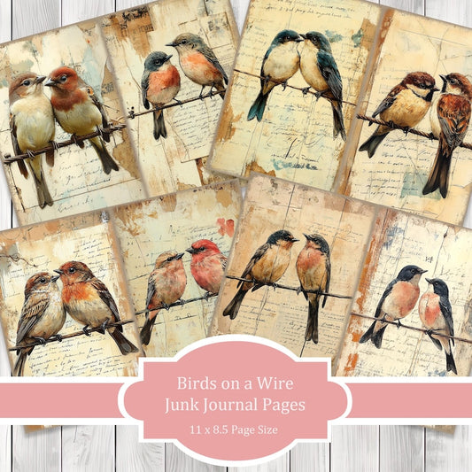 Birds on a Wire - Journal Paper Set, Junk Journal Pages, Flower Junk Journal Paper, Printable Journal, Scrapbook Paper, Digital Paper