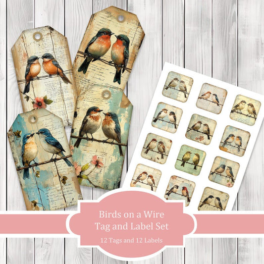 Birds on a Wire Tag and Label Set - Collage Scrapbook - Patchwork Tags - Ephemera Labels - Junk Journal Images Clip Art - Fussy Cut