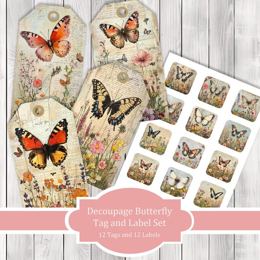 Decoupage Butterfly Tag and Label Set - Collage Scrapbook - Patchwork Tags - Ephemera Labels - Junk Journal Images Clip Art - Fussy Cut
