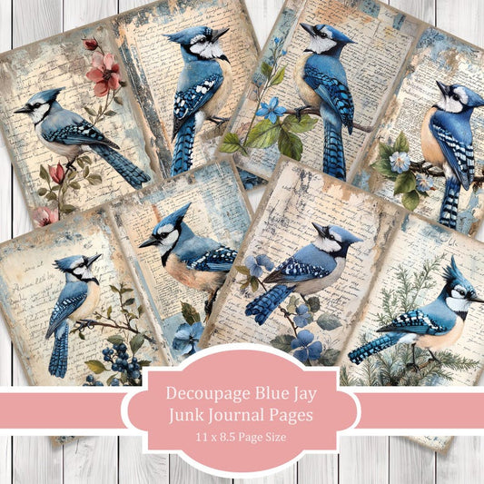 Decoupage Blue Jay - Journal Paper Set, Junk Journal Pages, Flower Junk Journal Paper, Printable Journal, Scrapbook Paper, Digital Paper