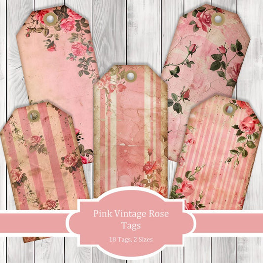 Pink Vintage Rose Tags - Collage Scrapbook - Patchwork Tags - Ephemera Labels - Junk Journal Images Clip Art - Fussy Cut