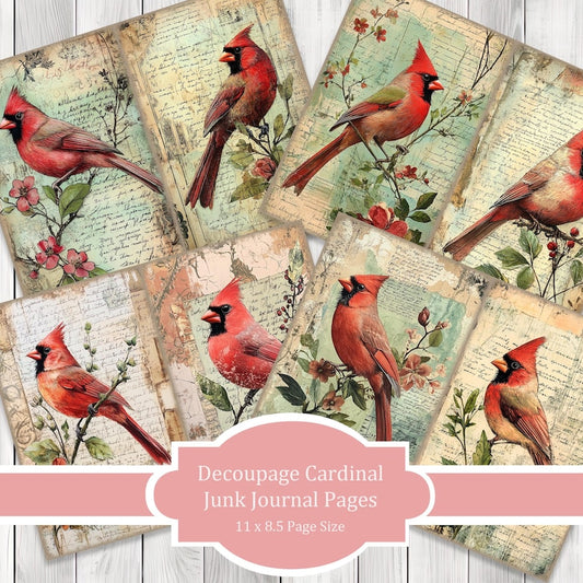 Decoupage Cardinal - Journal Paper Set, Junk Journal Pages, Flower Junk Journal Paper, Printable Journal, Scrapbook Paper, Digital Paper