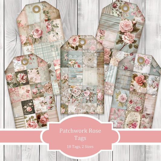 Patchwork Rose Tags - Collage Scrapbook - Patchwork Tags - Ephemera Labels - Junk Journal Images Clip Art - Fussy Cut