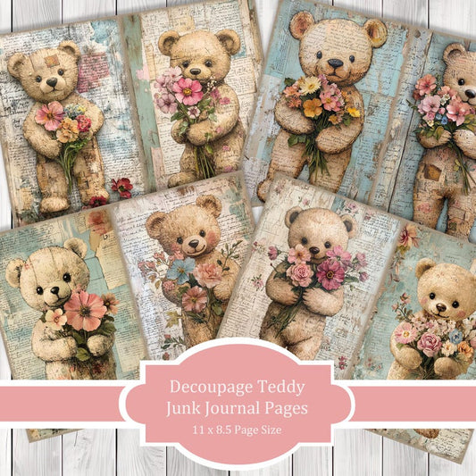 Decoupage Teddy - Journal Paper Set, Junk Journal Pages, Flower Junk Journal Paper, Printable Journal, Scrapbook Paper, Digital Paper