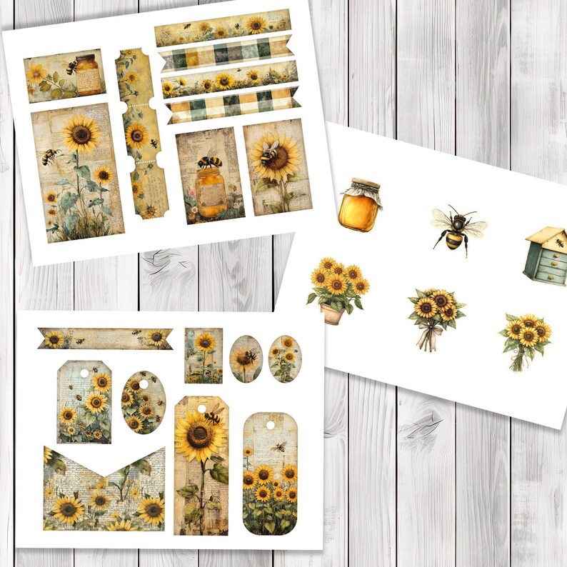 Sunflower and Bee Overloaded Tag Kit - Botanical - Loaded Tags | Ephemera Labels | Paper Craft | Junk Journal Images Clip Art | Fussy Cut