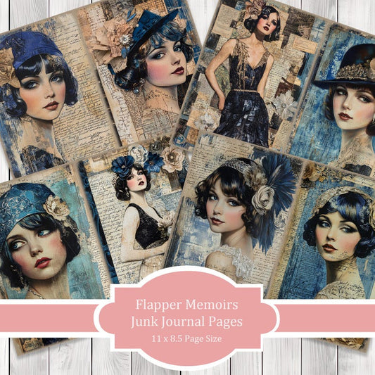 Flapper Memoirs (Blue) - Journal Paper Set, Junk Journal Pages, Flower, Journal Paper, Printable Journal, Scrapbook Paper, Digital Paper